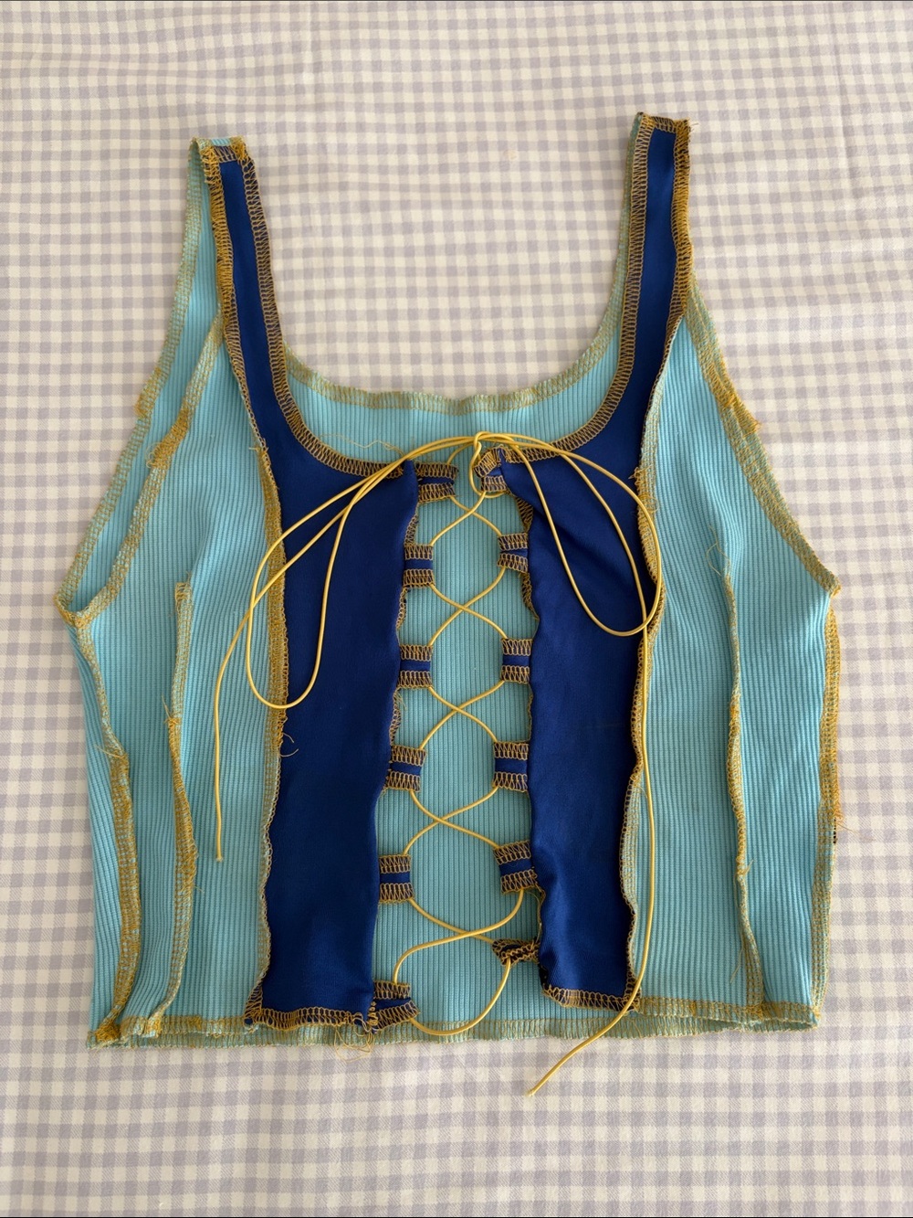 Light Blue & Navy Lace-Up Ribbed Crop Tank Top